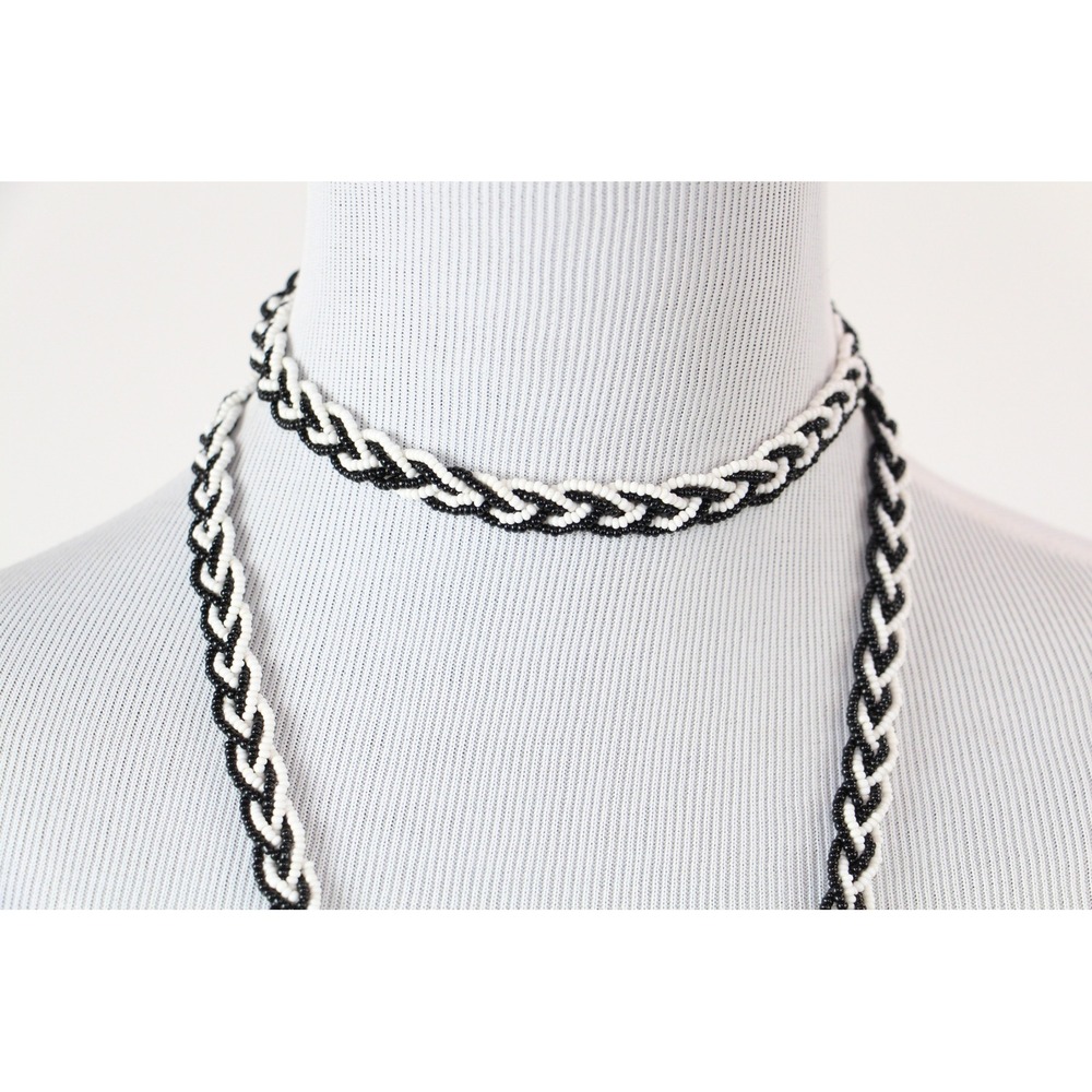Vintage Art Deco Black White Braided Seed Bead Lariat Necklace Long 48 Inch